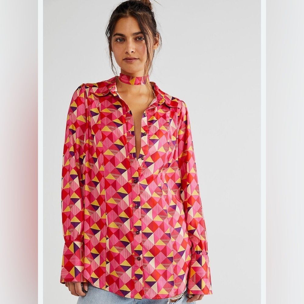 Free People La La Printed Geometric Pink/Rose Button-Up Shirt size XL